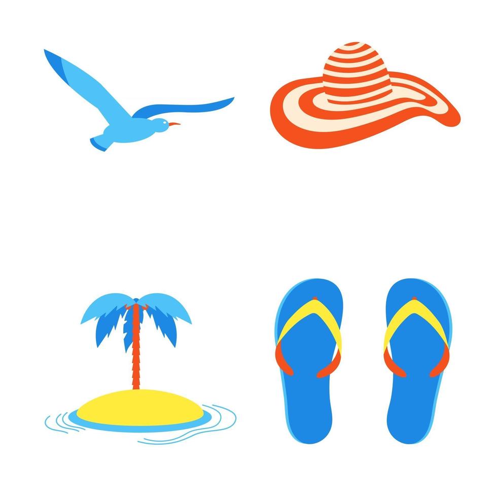 Holiday vacation beach elements flat style design set. Island, flip flops, seagull, beach hat signs icons - symbols of season exotic vacations. vector