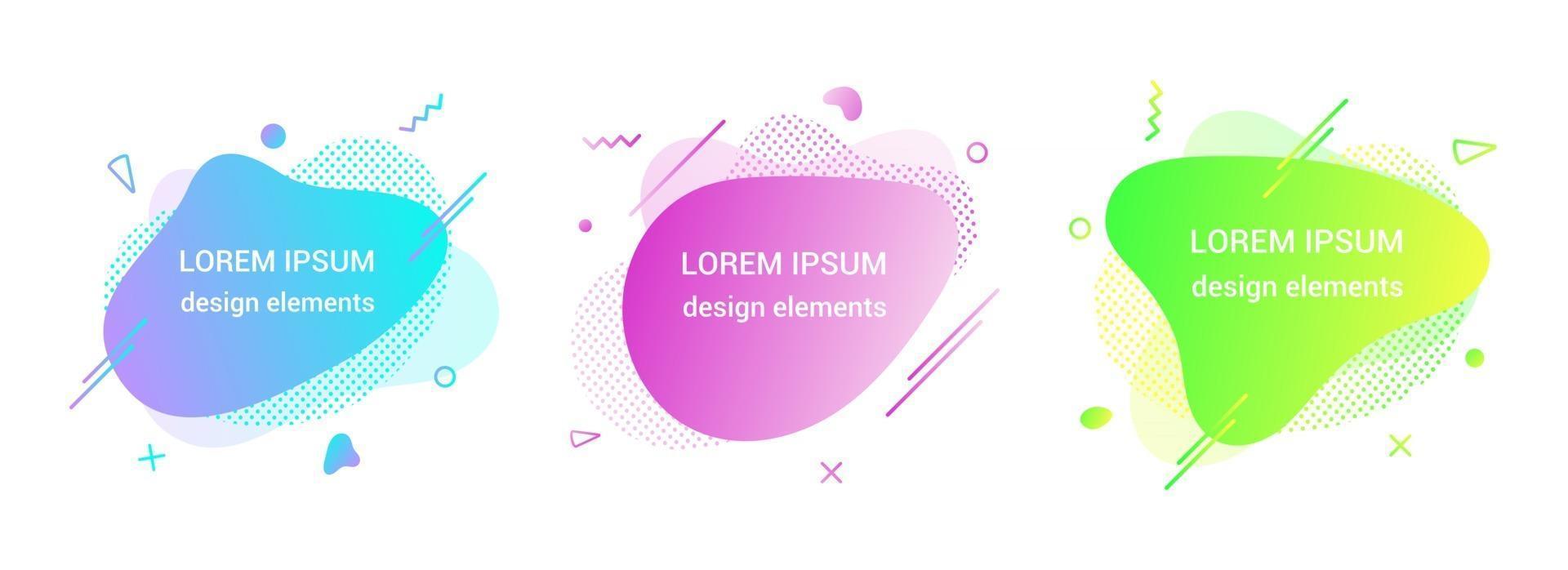3 Modern liquid irregular amoeba blob shape abstract elements graphic flat style design fluid vector illustration set banner simple shape template for presentation, flyer, isolated on white background