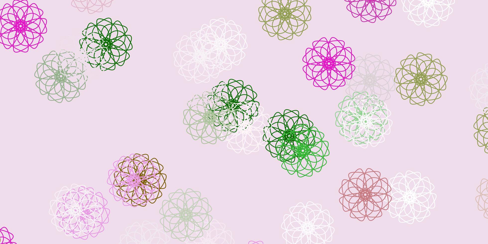 Fondo de doodle de vector rosa claro, verde con flores.