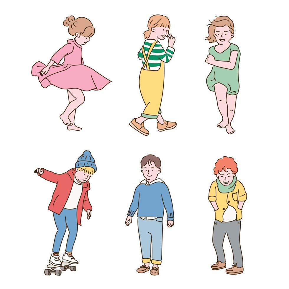 Collection of lively children characters in cute style. hand drawn style vector design illustrations.