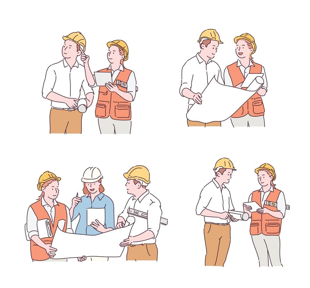 Construction site workers talking while looking at blueprints. hand drawn style vector design illustrations.