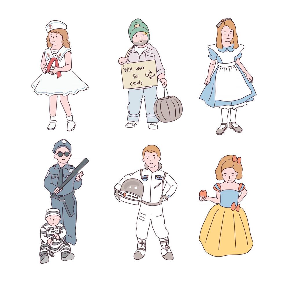 Children in cute stage costumes. hand drawn style vector design illustrations.