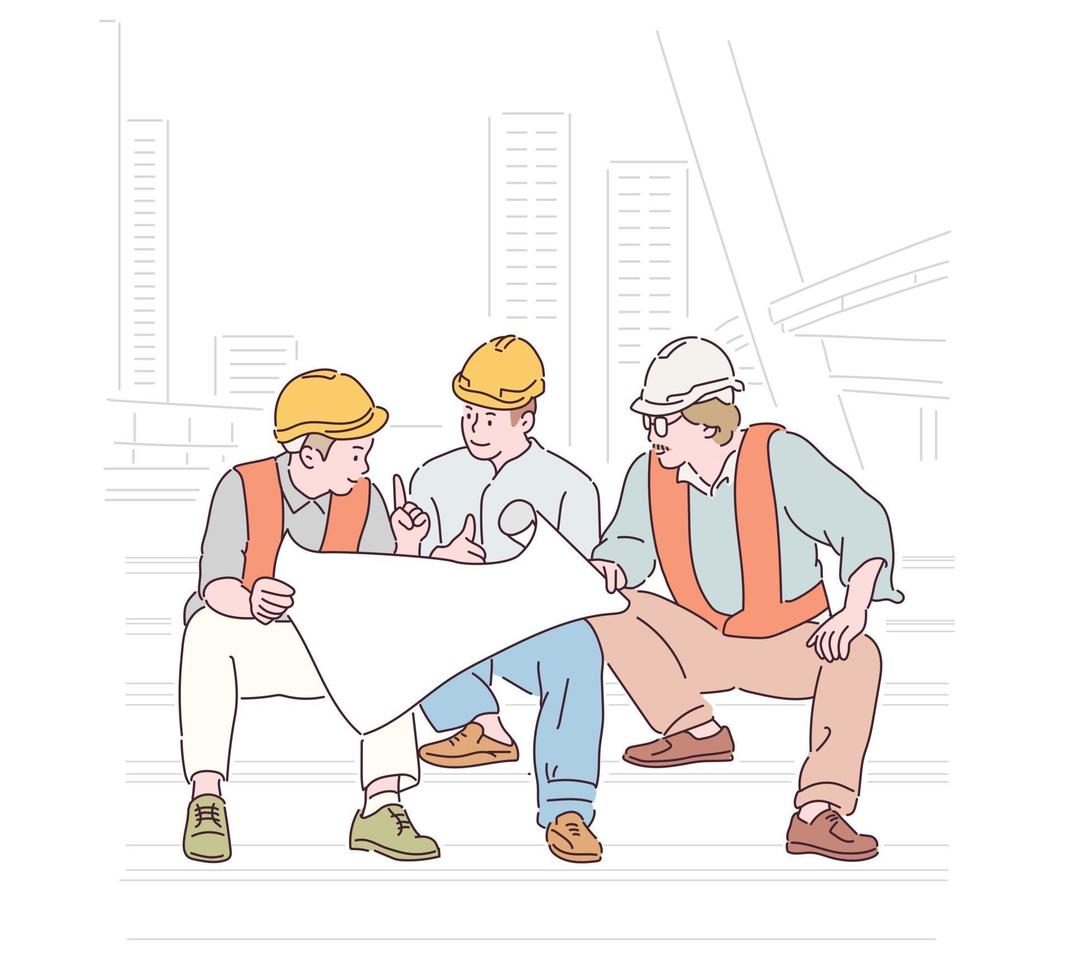 Workers at the construction site are talking while looking at the blueprint. hand drawn style vector design illustrations.