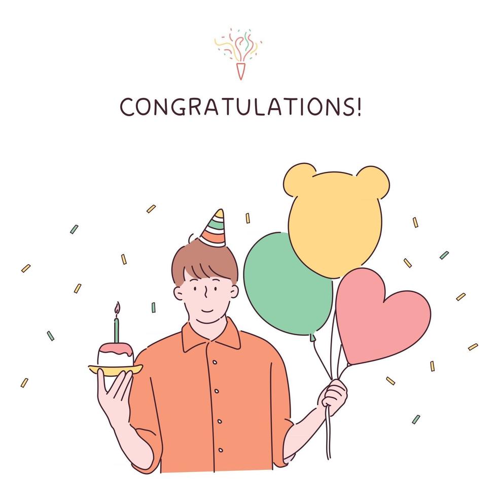 A man is celebrating, wearing a cone hat and holding a balloon in one hand and a cake in the other. hand drawn style vector design illustrations.