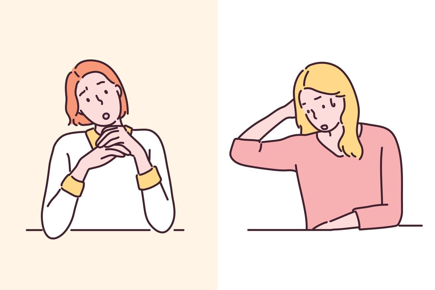 Women with troubled faces. hand drawn style vector design illustrations.