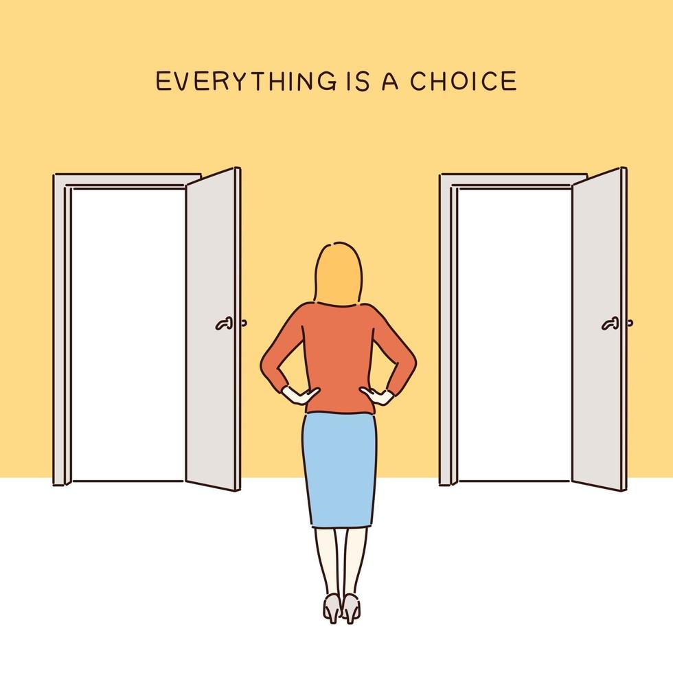 A woman contemplating which door to choose between two open doors. hand drawn style vector design illustrations.