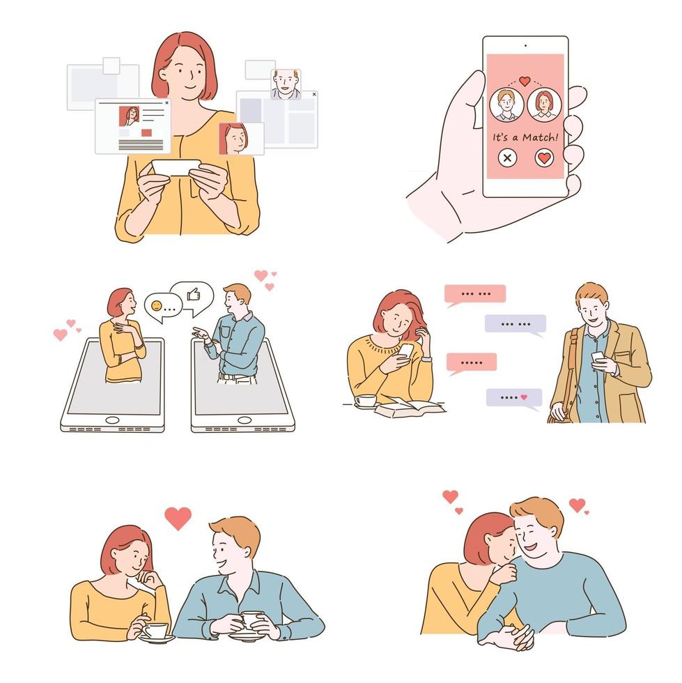 A couple met through a dating app. hand drawn style vector design illustrations.