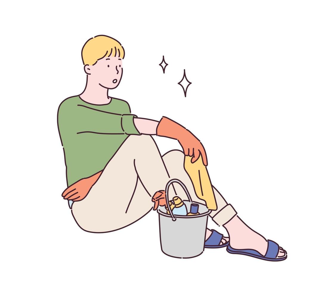 A man in rubber gloves is sitting with a tired face. In front of it is a bucket with cleaning tools. hand drawn style vector design illustrations.