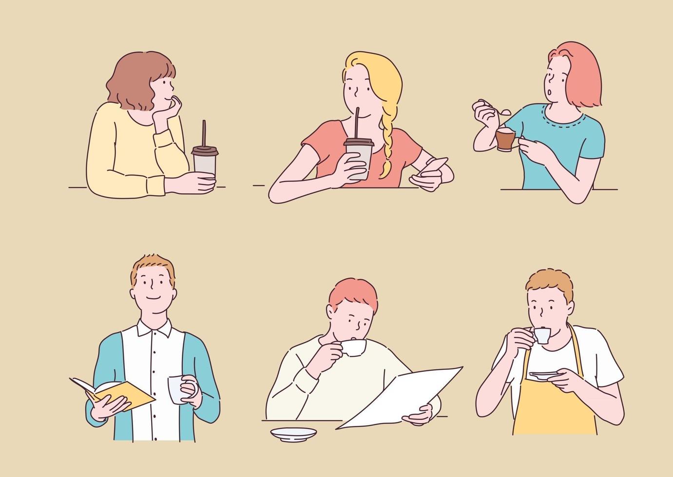 Collection of people drinking coffee. hand drawn style vector design illustrations.