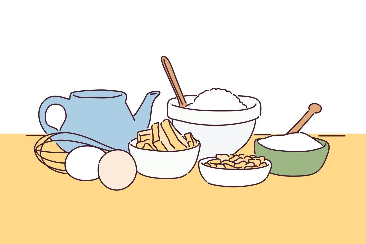 ingredientes para cocinar en la mesa. ilustraciones de diseño de vectores de estilo dibujado a mano.