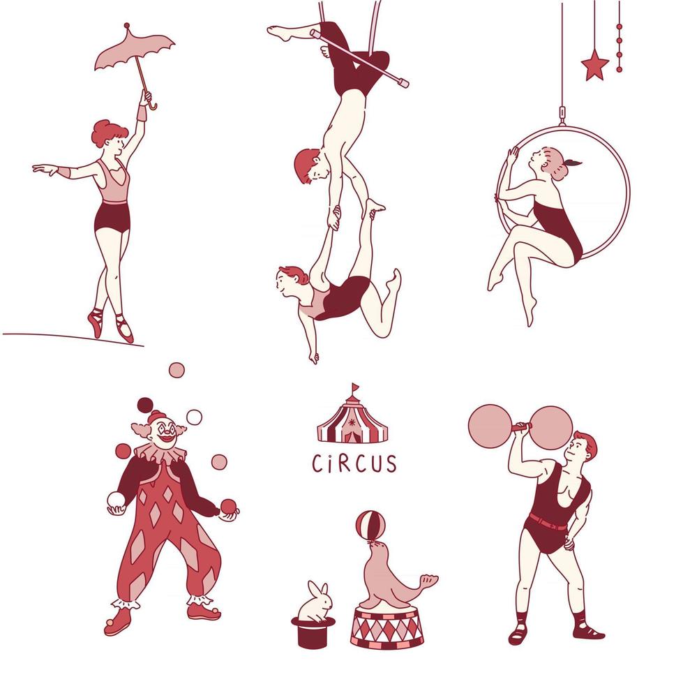 miembros del circo que realizan diversas acrobacias. ilustraciones de diseño de vectores de estilo dibujado a mano.