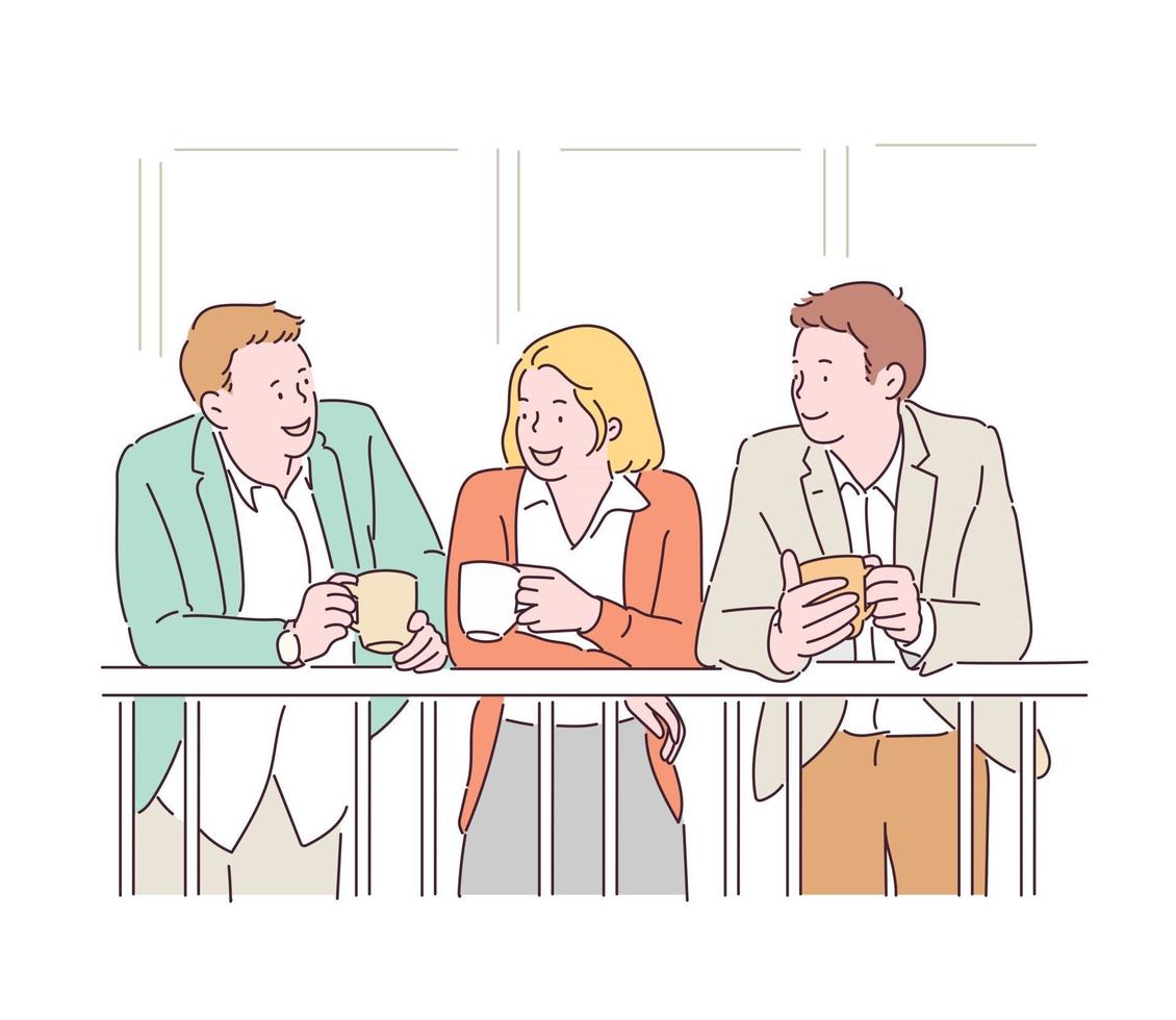 Office coworkers chatting over coffee during break. hand drawn style vector design illustrations.