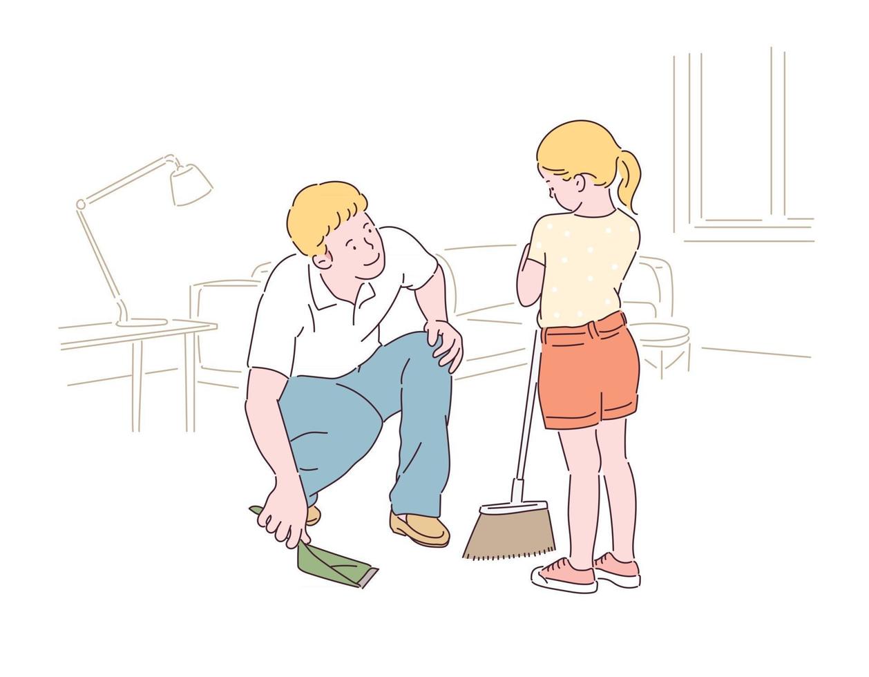 Dad is teaching his daughter to broom. hand drawn style vector design illustrations.