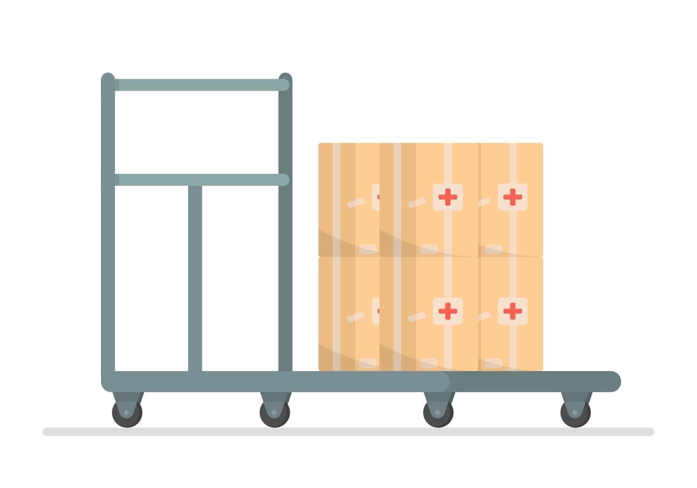 Trolley for transporting heavy items, warehouse or factory convenient storage and dispatch. Trolley cargo gray trolley, platform of manual movement. Vector flat style illustration.