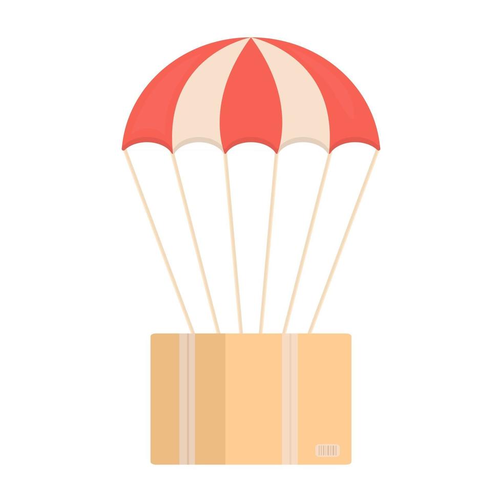 Flying box on parachute vector illustration isolated. Isolated on white background flying box. Parcel delivery concept.Paper box design element.