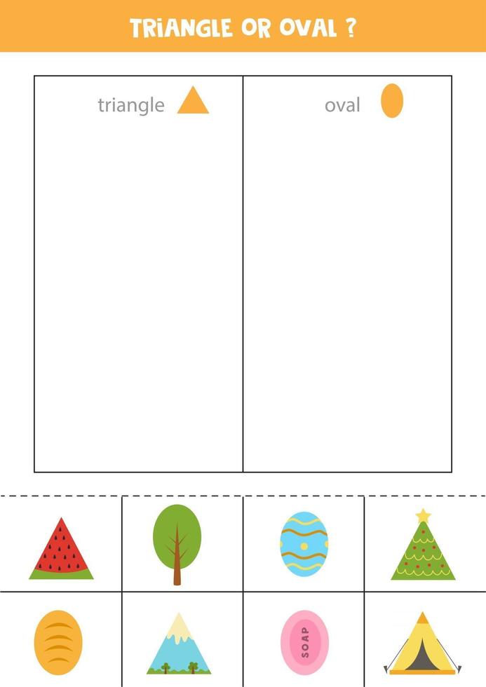 Triangle or oval. Sort pictures into columns. Geometrical shapes. vector