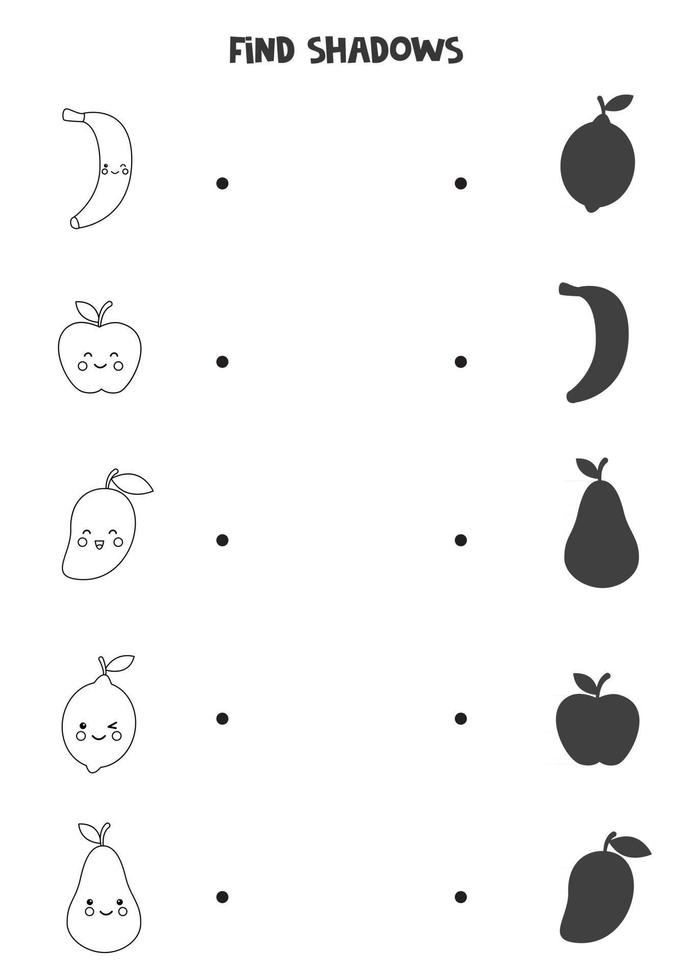 Find the correct shadows of black and white fruits. Logical puzzle for kids. vector