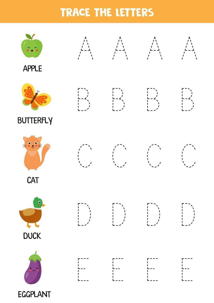 Tracing letters of English alphabet. Writing practice. vector