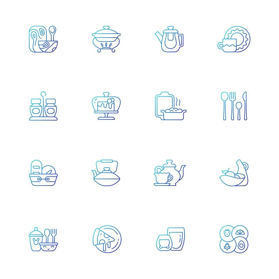 Trendy tableware gradient linear vector icons set