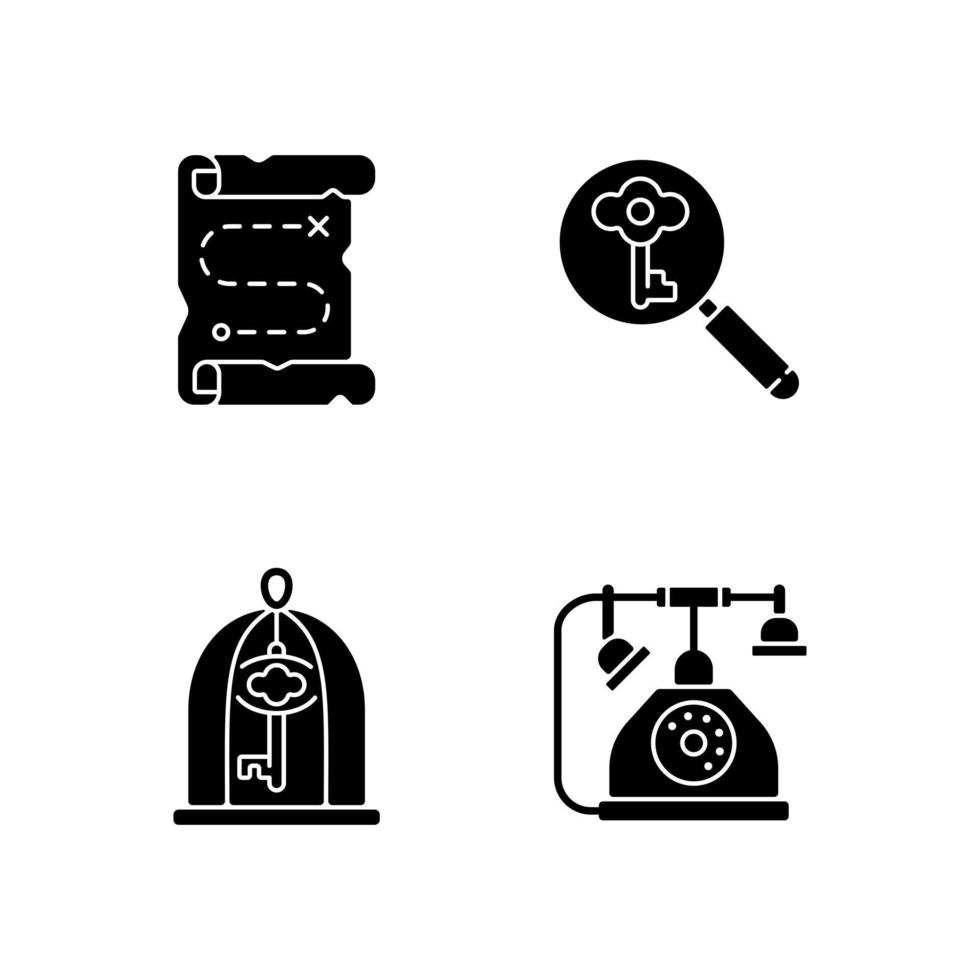 Solving quest black glyph icons set on white space vector