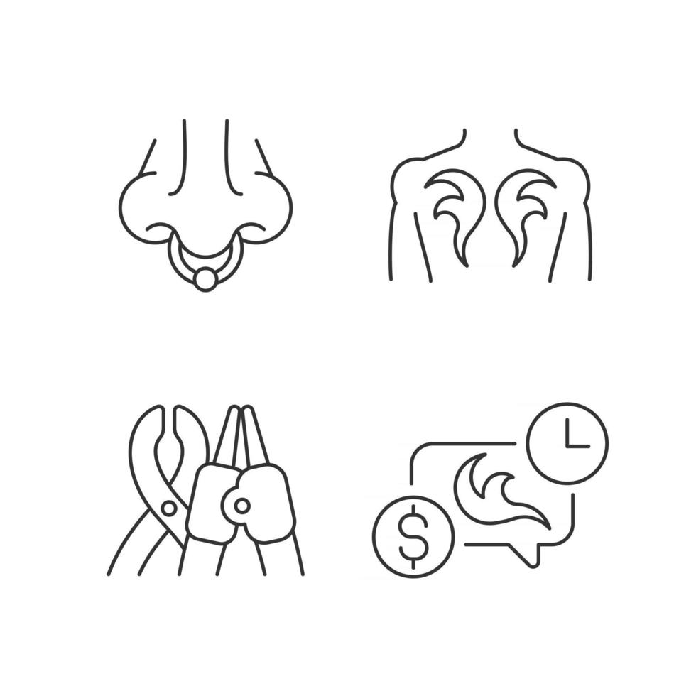 Tattoo and piercing equipment linear icons set. Professional tools for tattoo salons. Visiting master. Customizable thin line contour symbols. Isolated vector outline illustrations. Editable stroke