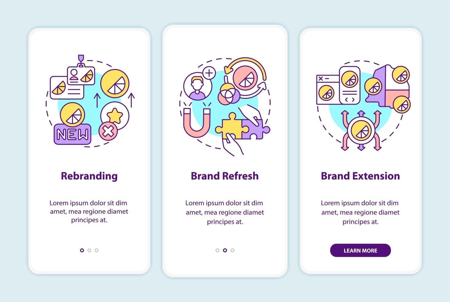 Brand change types onboarding mobile app page screen with concepts vector