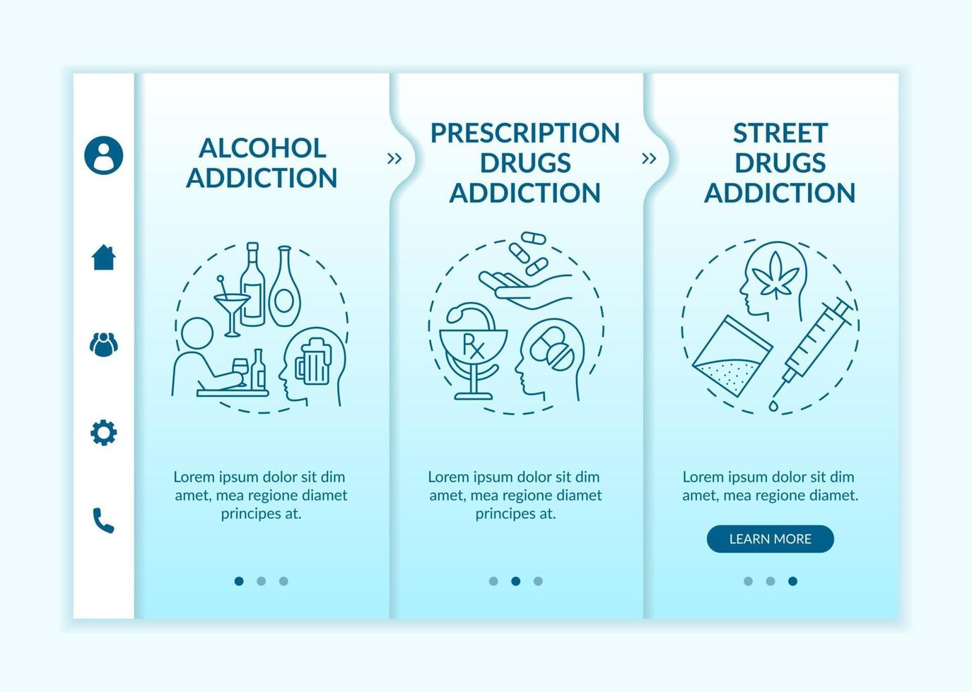 Addiction types onboarding vector template