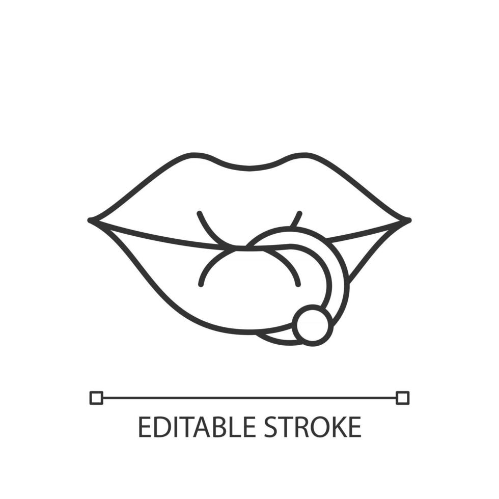 Lip piercing linear icon. Beautiful jewellery type inserted into lip. Metal needles. Thin line customizable illustration. Contour symbol. Vector isolated outline drawing. Editable stroke