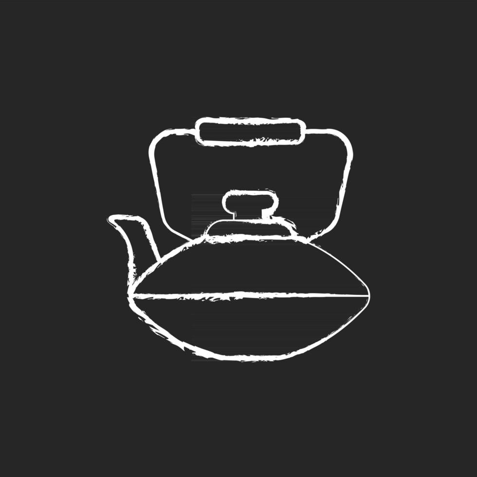 Chinese iron teapot chalk white icon on dark background. National types of dinnerware. Old fashioned kitchen equipment. Container for boiling water. Isolated vector chalkboard illustration on black