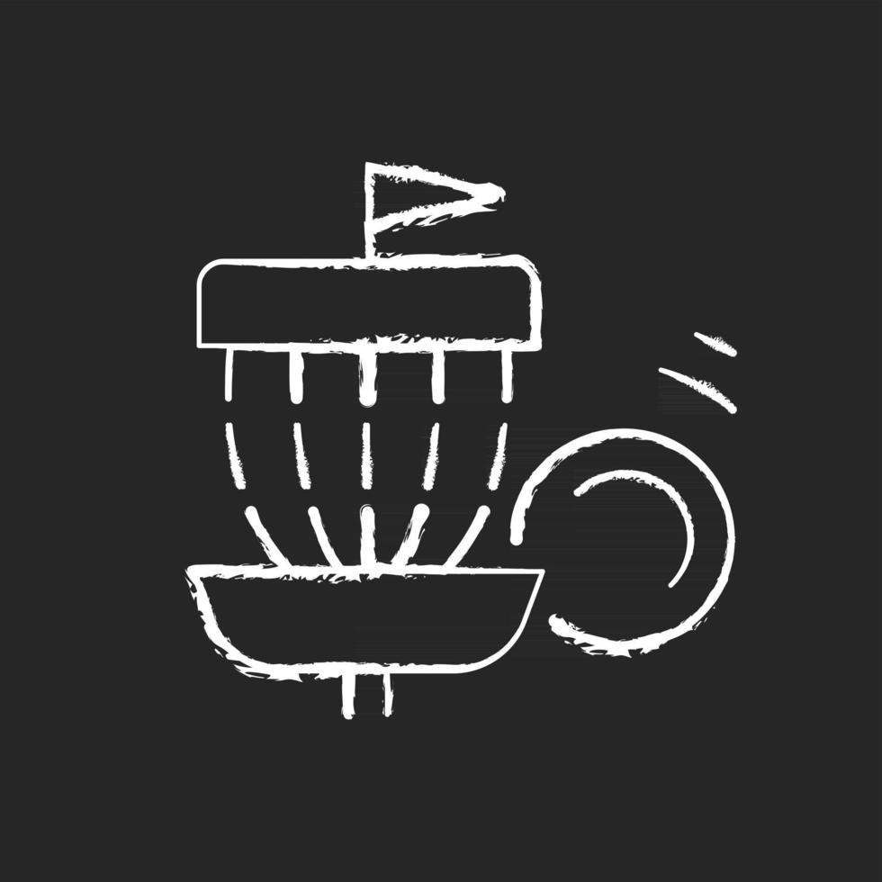 Frisbee golf chalk white icon on dark background. Throwing flying disc into basket. Competitive non-contact team sport. Summer camp activity. Isolated vector chalkboard illustration on black