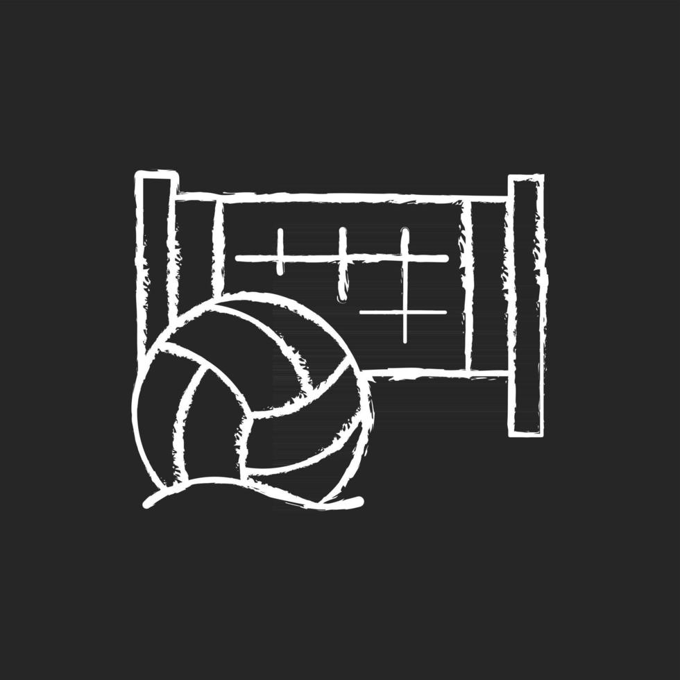 Icono de tiza blanca de voleibol de playa sobre fondo oscuro. equipo de deporte. cancha de arena. condiciones de juego al aire libre. moviéndose y saltando en la arena. Ilustración de pizarra de vector aislado en negro