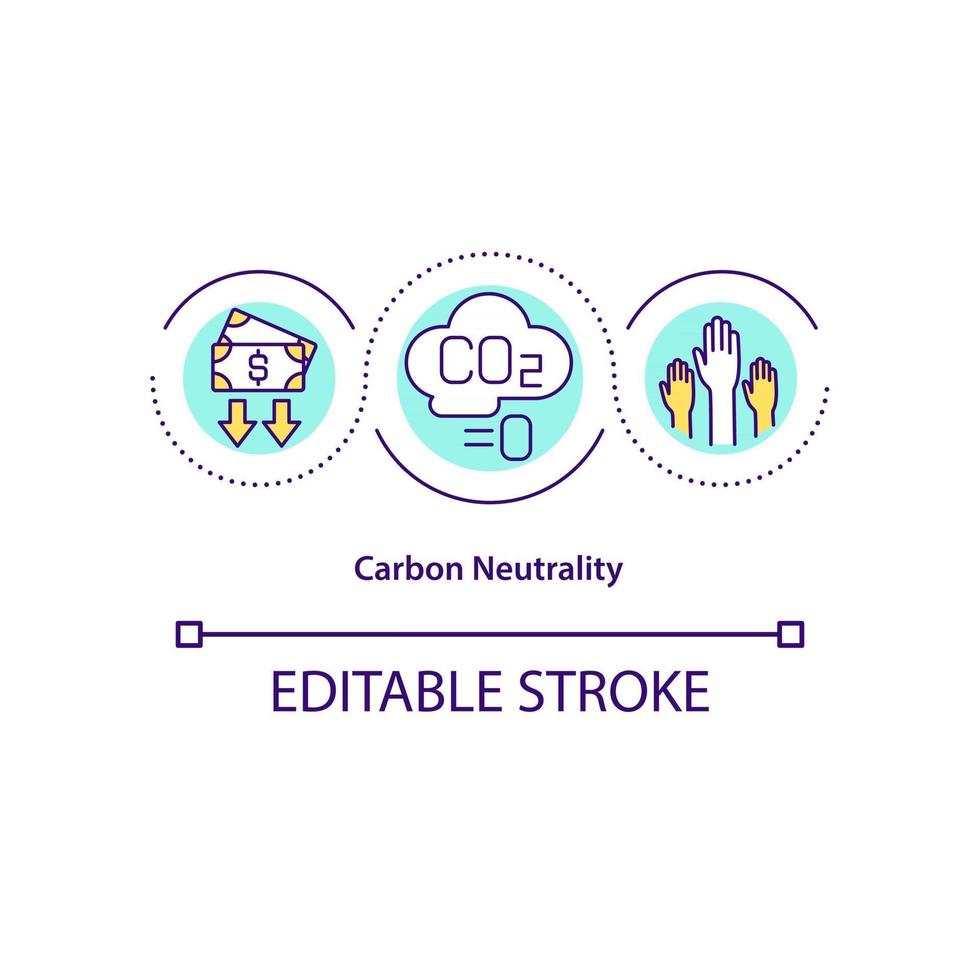 Carbon neutrality concept icon. Net zero emission achieving abstract idea thin line illustration. Reducing carbon dioxide amount release. Vector isolated outline color drawing. Editable stroke