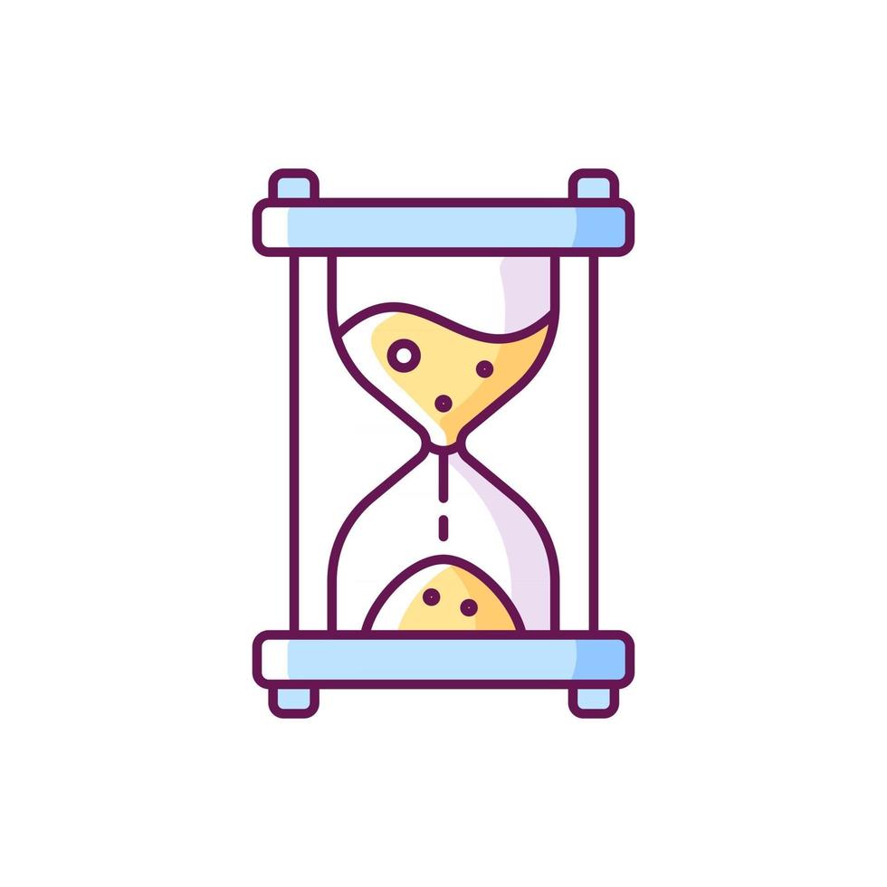 icono de color de reloj de arena rgb. medición del tiempo. cuenta regresiva con reloj antiguo. resolución de acertijos, pistas para acertijos. parte de la búsqueda misteriosa. ilustración vectorial aislada. sala de escape simple dibujo de líneas llenas vector