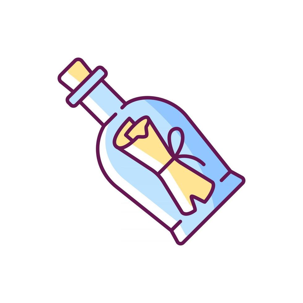 Message in bottle RGB color icon. Scrolled note inside glass with cork. Solving puzzles, clues for riddles. Part of mystery quest. Isolated vector illustration. Escape room simple filled line drawing