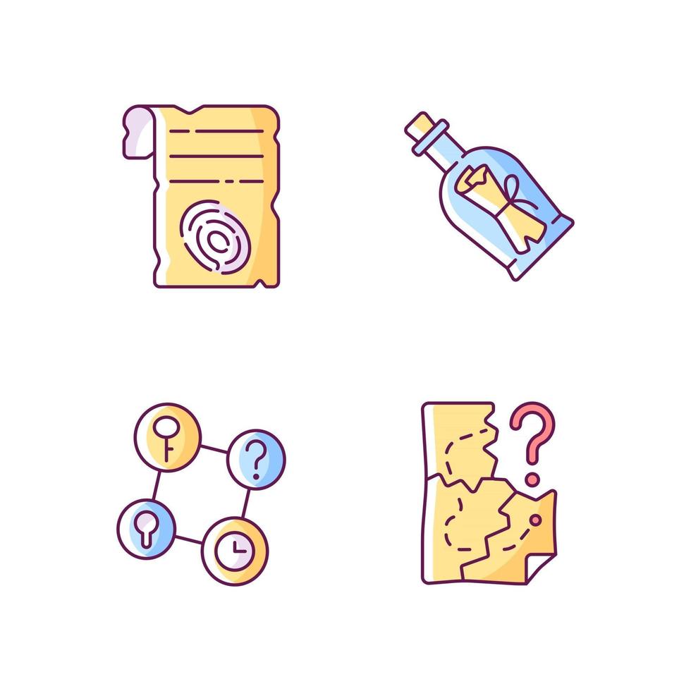 Mystery quest RGB color icons set. Paper shit with fingerprint. Message in bottle. Part of mystery quest. Isolated vector illustrations. Escape room simple filled line drawings collection