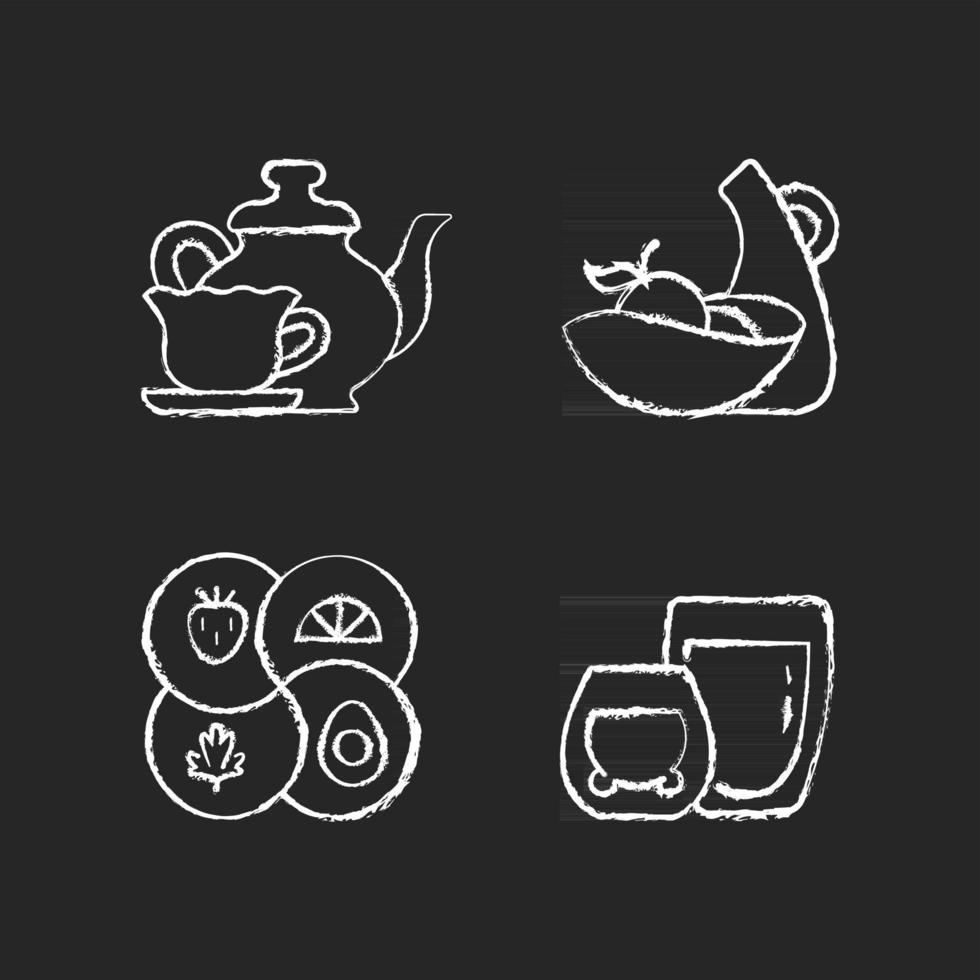 Trendy kitchenware chalk white icons set on dark background. Sectional plate and divided dish. Double glass cups for hot tea. Vintage style tableware. Isolated vector chalkboard illustrations on black