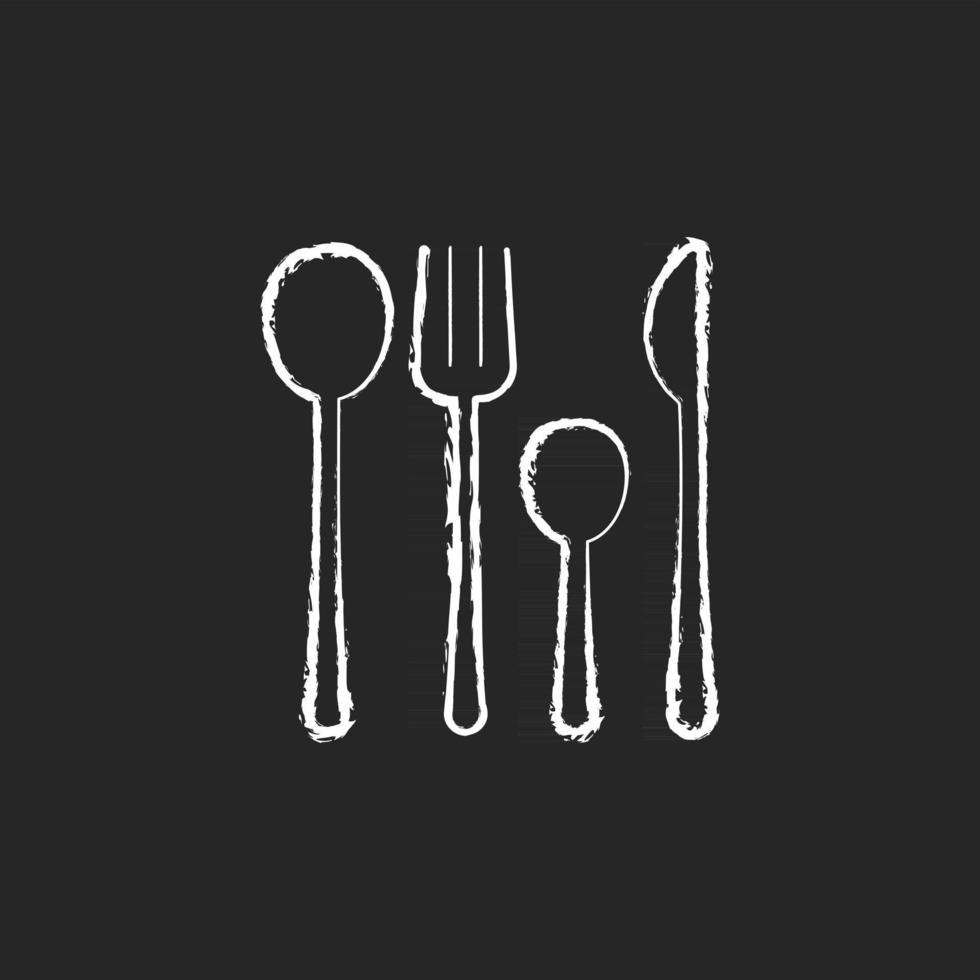 tenedores, cuchillos y cucharas tiza icono blanco sobre fondo oscuro. accesorios de cena para comer en casa. equipo de cocina. hermoso diseño de vajilla. Ilustración de pizarra de vector aislado en negro