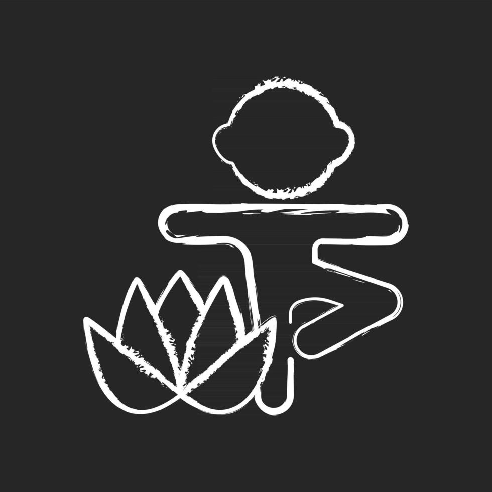 Kids yoga chalk white icon on dark background. Enhancing children mindfulness, concentration. Breathing techniques. Mental and physical wellbeing. Isolated vector chalkboard illustration on black