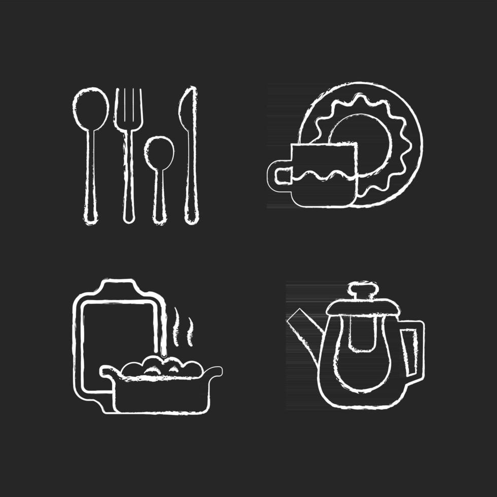 Dinner accessories chalk white icons set on dark background. Tempered double glass teapot for hot liquids. Ceramic oven dish. up and saucer set. Isolated vector chalkboard illustrations on black