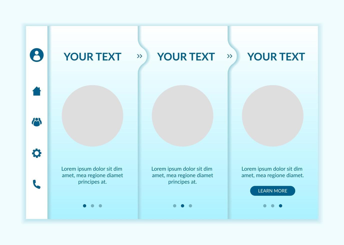 plantilla de vector de incorporación de e-learning. sitio web móvil receptivo con iconos. Tutorial de la página web Pantallas de 3 pasos. Proporcionar lecciones en línea. Cursos de instrucción concepto de color con espacio de copia.