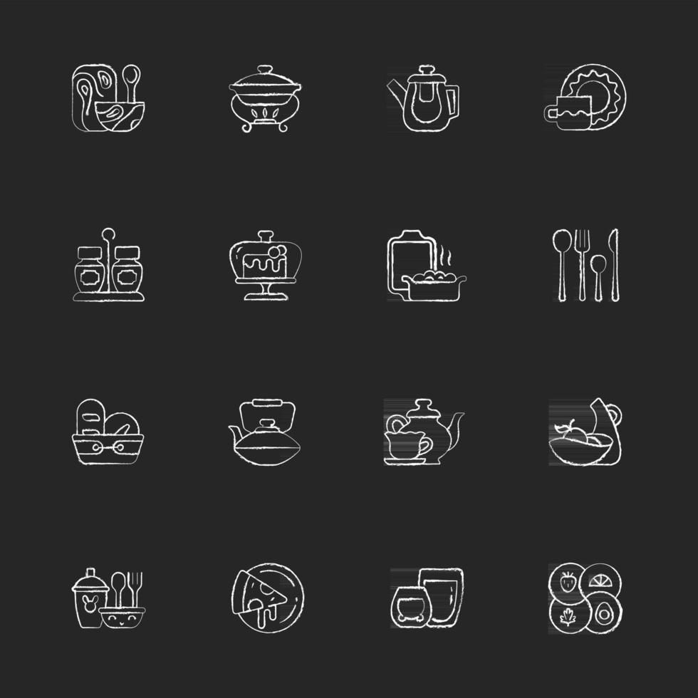 Trendy tableware chalk white icons set on dark background. Irregular shape tableware. Vintage style dinningware. Food warming tray. Ceramic oven dish. Isolated vector chalkboard illustrations on black
