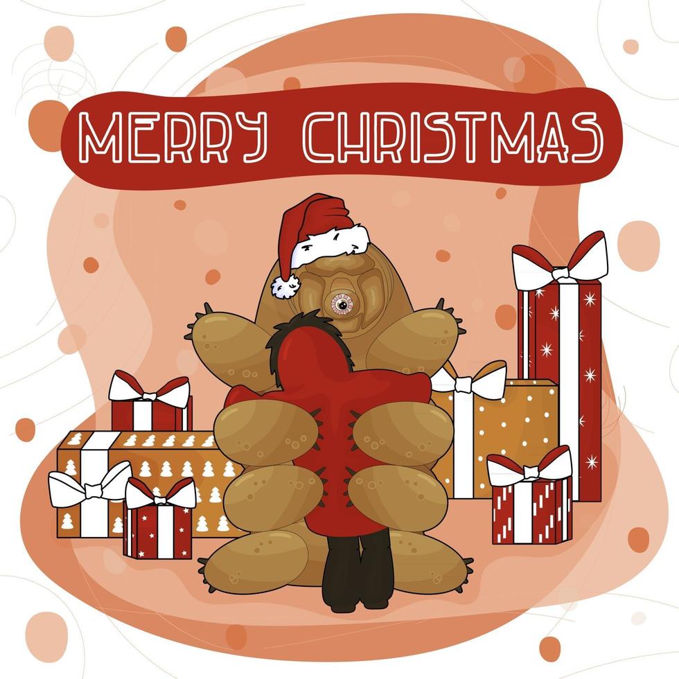 Cute Cartoon Tardigrade is standing on the ground on pink and brown background with new year gifts and Merry Christmas text vector