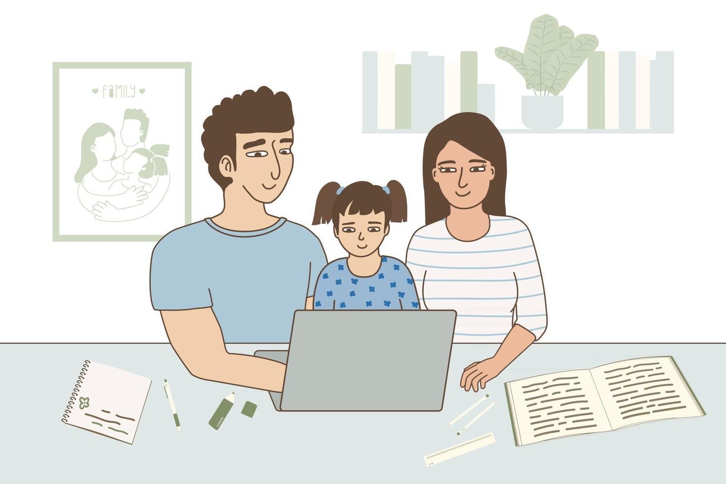 Parents and kid are learning something together. Vector illustration of cute family activities with laptop, book, notebook in the room at home