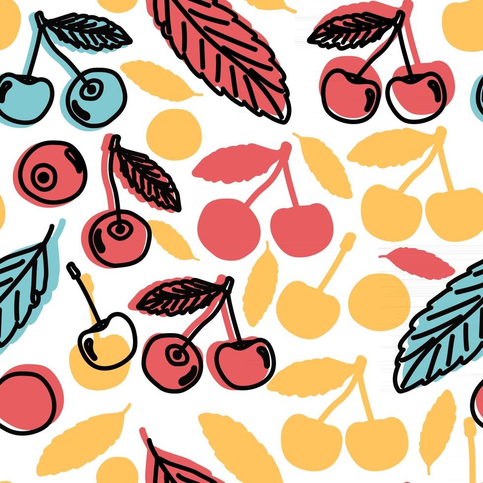 Cute summer outline cartoon cherries seamless pattern. Vector graphic Illustration of isolated hand drawn berries