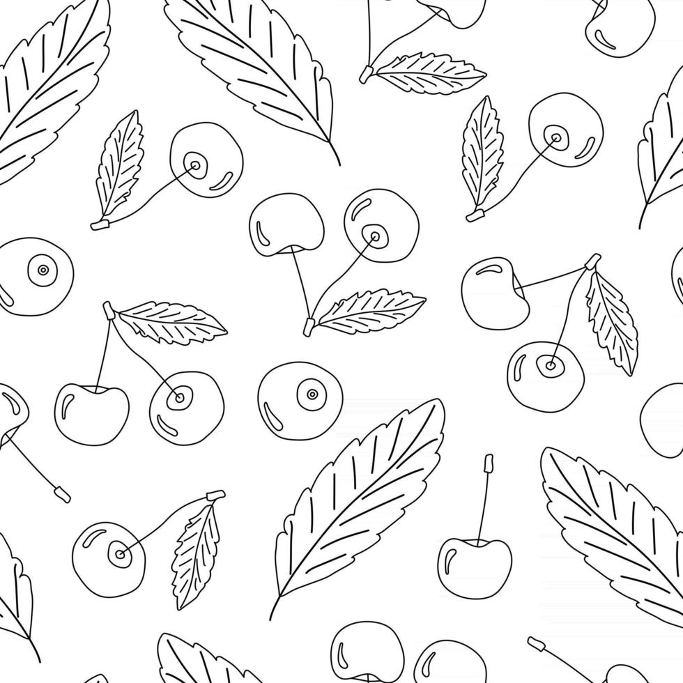 Black white vector outline doodle cartoon seamless pattern of cherry isolated set. Hand drawn design illustration, pencil effect