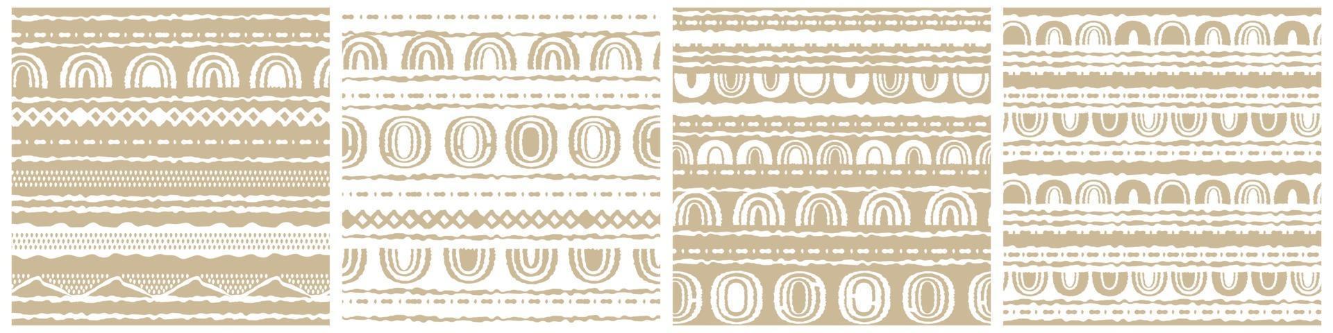 Set of four winter vector White and Beige horizontal Seamless border repeat patterns with random rough, twisted part of triangles or broken lines, part of circles shapes, rainbows. Hand drawn effect
