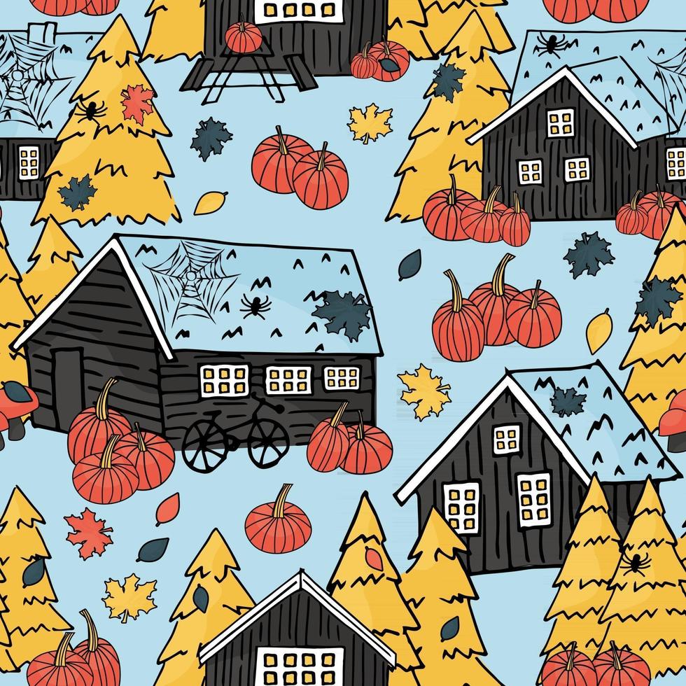 Canadian and scandinavian black wooden houses with grass on the roof and christmas trees handwritten seamless repeat pattern with pumpkins, web and spiders on Halloween vector