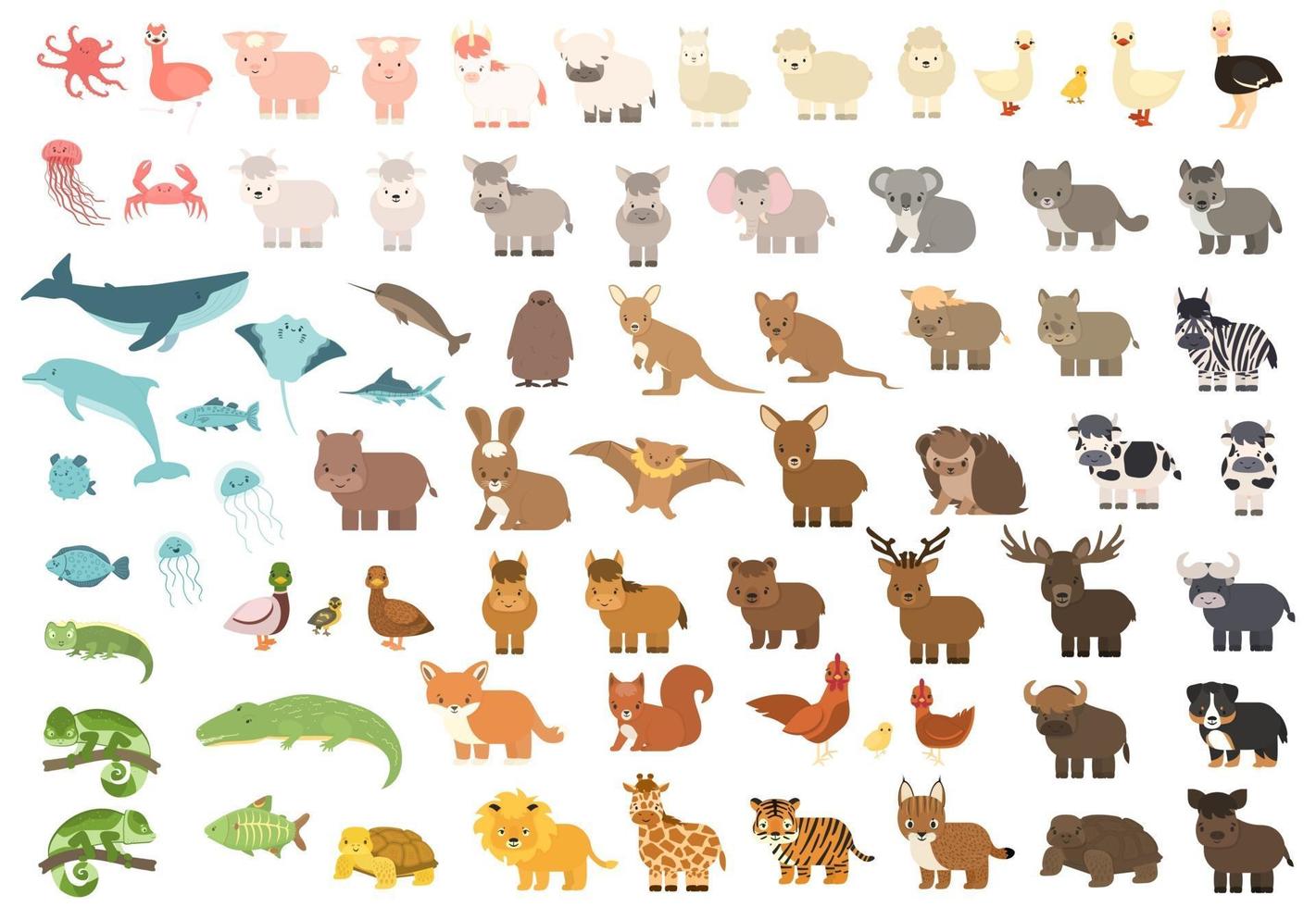 Cute isolated Forest, sea ocean, savannah, farm, zoo animals. Big set of vector pig koala whale cow bear lion tiger kangaroo quokka wolf horse giraffe hippo duck zebra crab elephant in flat style