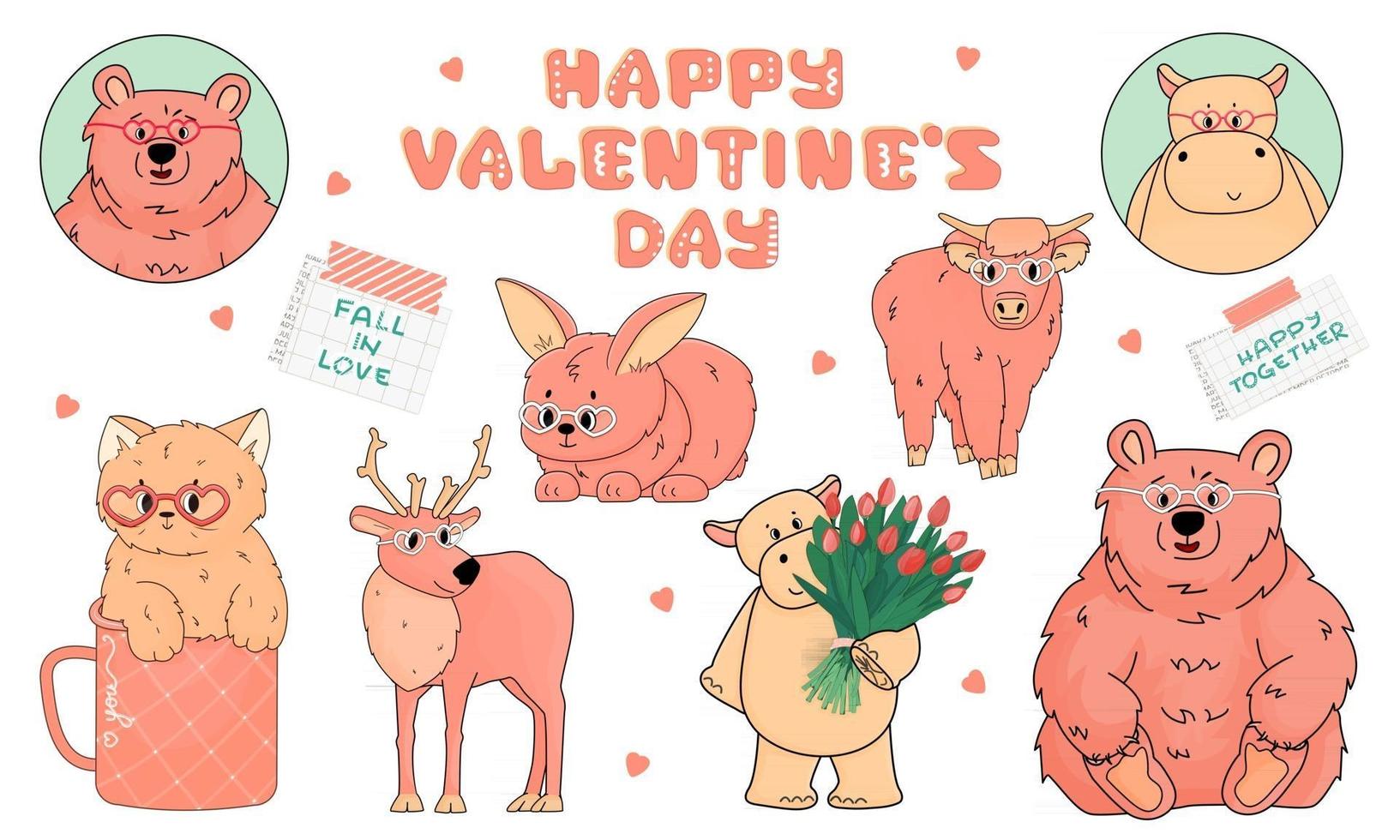 Hippo, bear, highland cow, deer, bunny, cat are in heart glasses. Tulips, lettering, balloons are around on white background. Set of isolated animals are ready for Valentines party vector