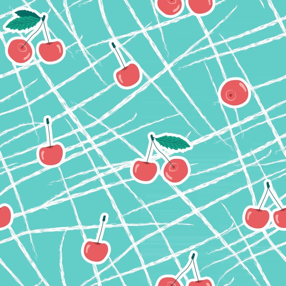 Blue red white seamless patterns of cherries. Vector summer illustration